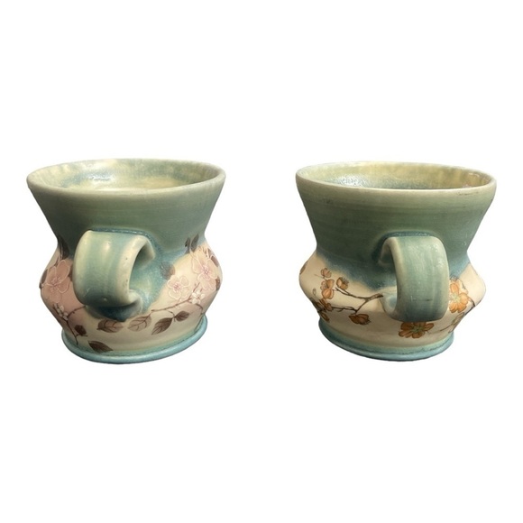 Katy Began Handcrafted Ceramic Mugs, Floral Studio Pottery, Blue Glaze - Signed - Picture 2 of 10